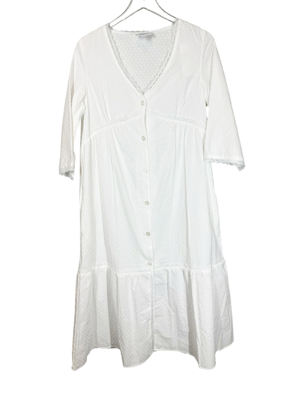 NATIONAL Vintage Deadstock Women's Small V-Neck White Cotton Swiss Dot Nightgown
